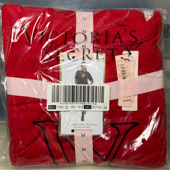 NWT Victoria’s Secret Medium FLANNEL LONG TEE-JAMA Red - Picture 2 of 8